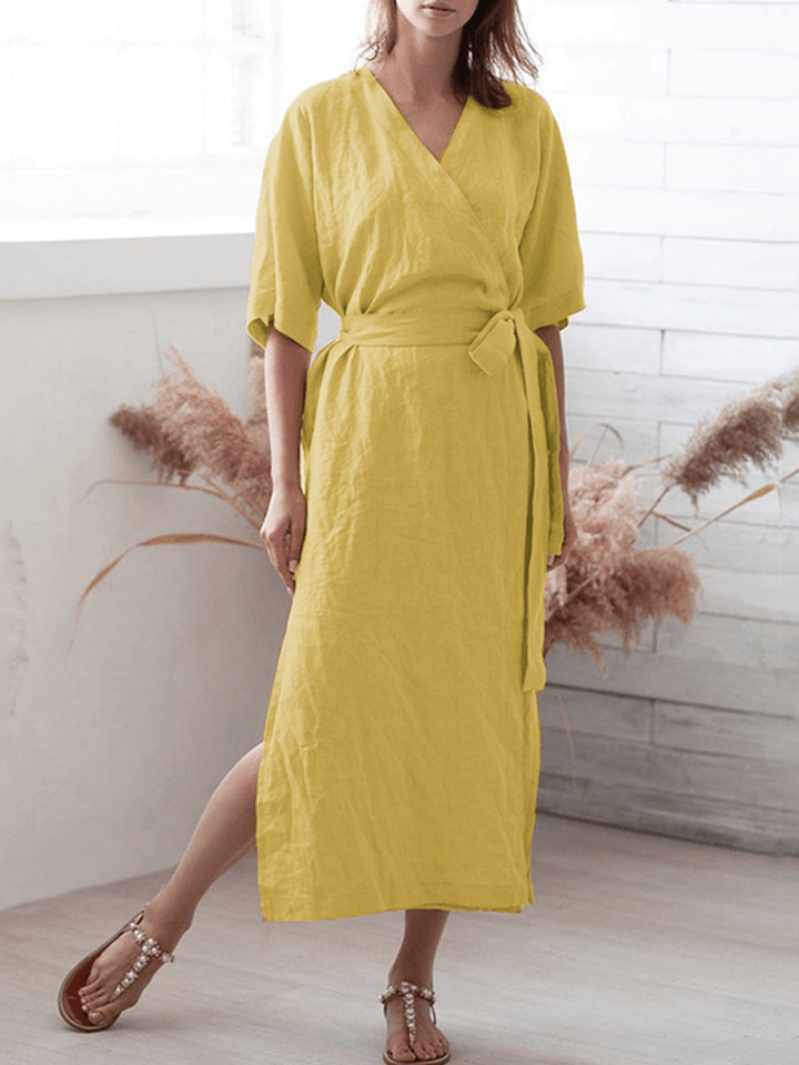Women Casual Loose Cotton Pure Color Half Sleeve Dress - MRSLM