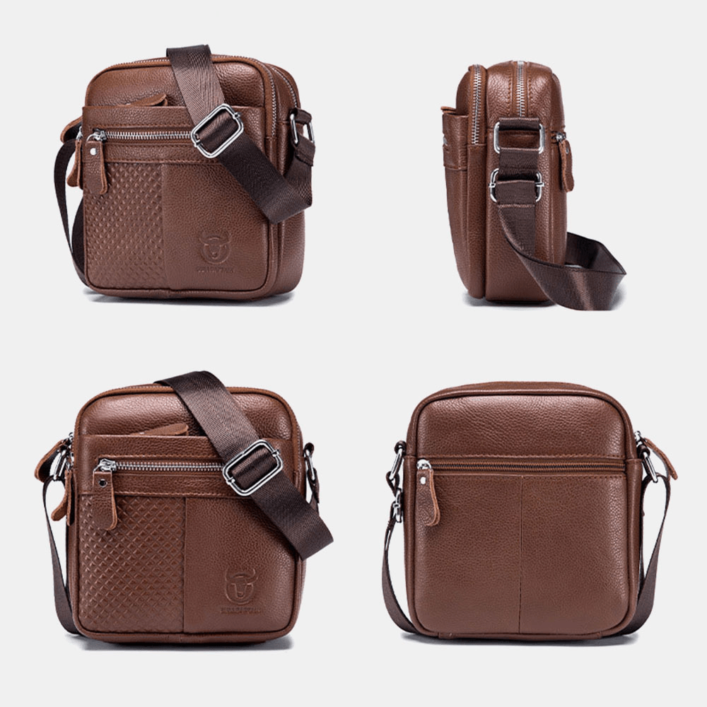 BULLCAPTAIN Men Retro Two Front Pocket First Layer Cowhide Crossbody Bag Casual Large Capacity 6.5 Inch Phone Bag Shoulder Bag - MRSLM
