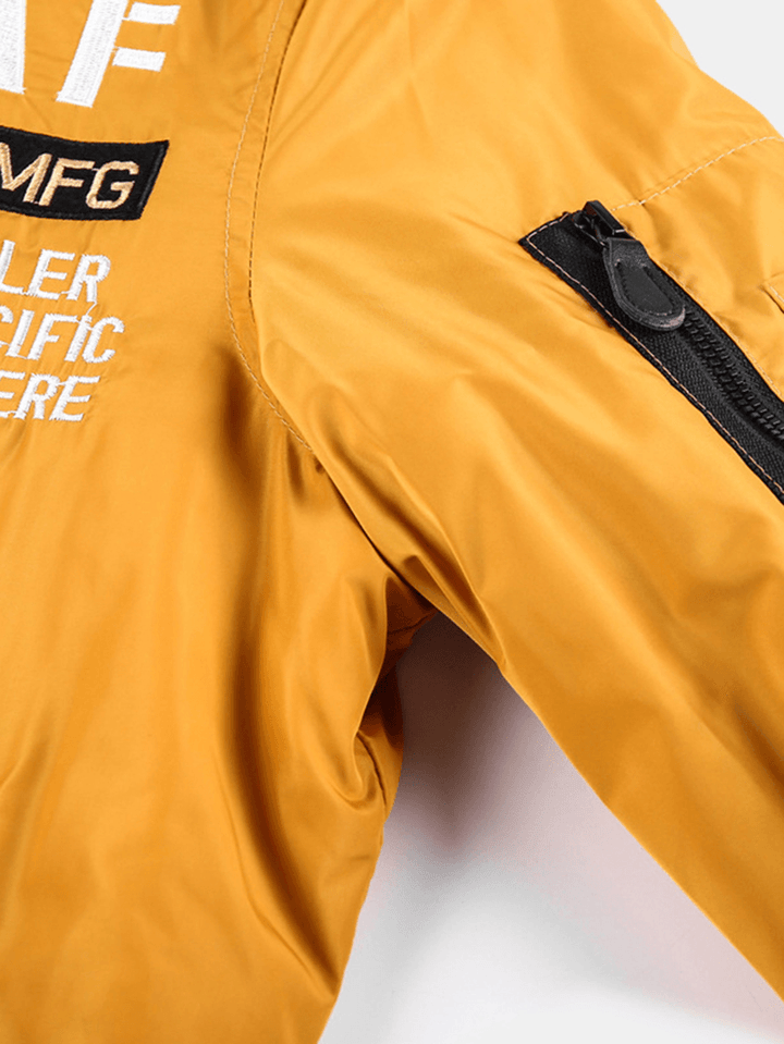 Mens Letter Embroidered Baseball Collar Zipper Bomber Jacket with Pocket - MRSLM