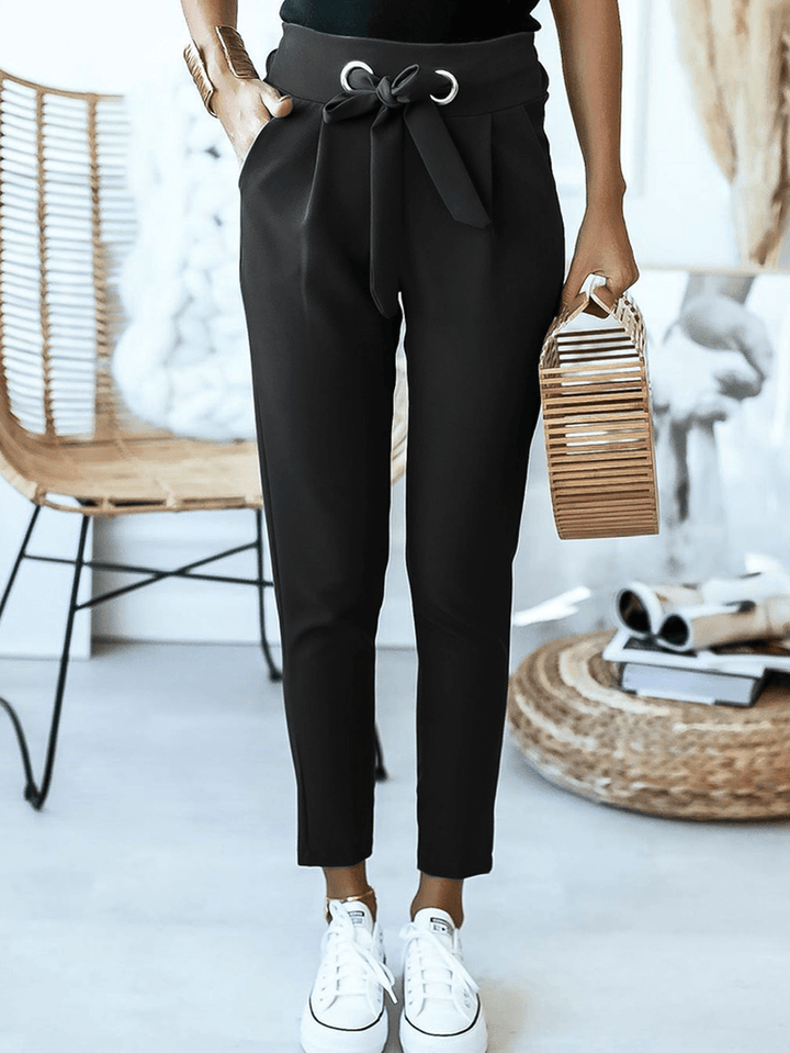 Women Solid Color Lace-Up Pleated Casual Regular Fit Pencil Pants - MRSLM