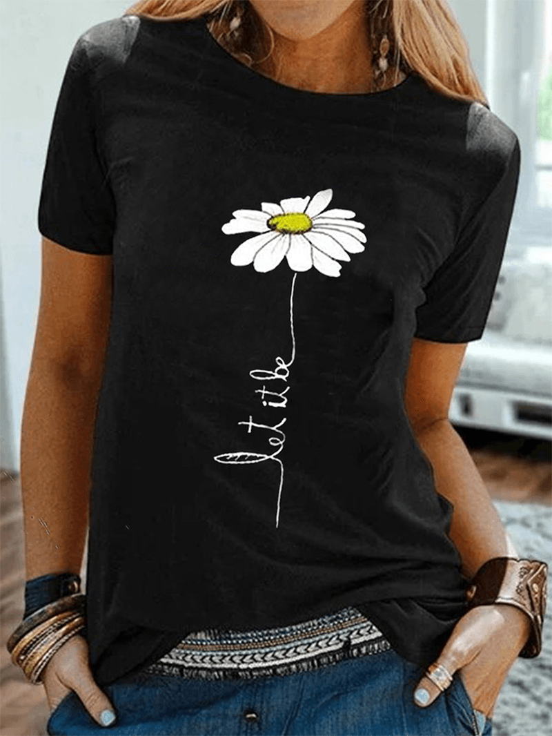 Women Daisy Embroidery round Neck Casual Short Sleeve T-Shirts - MRSLM