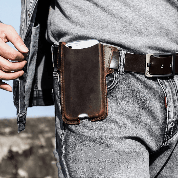 Men Genuine Leather Cow Leather EDC 6.5 Inch Phone Bag Waist Bag Sling Bag - MRSLM