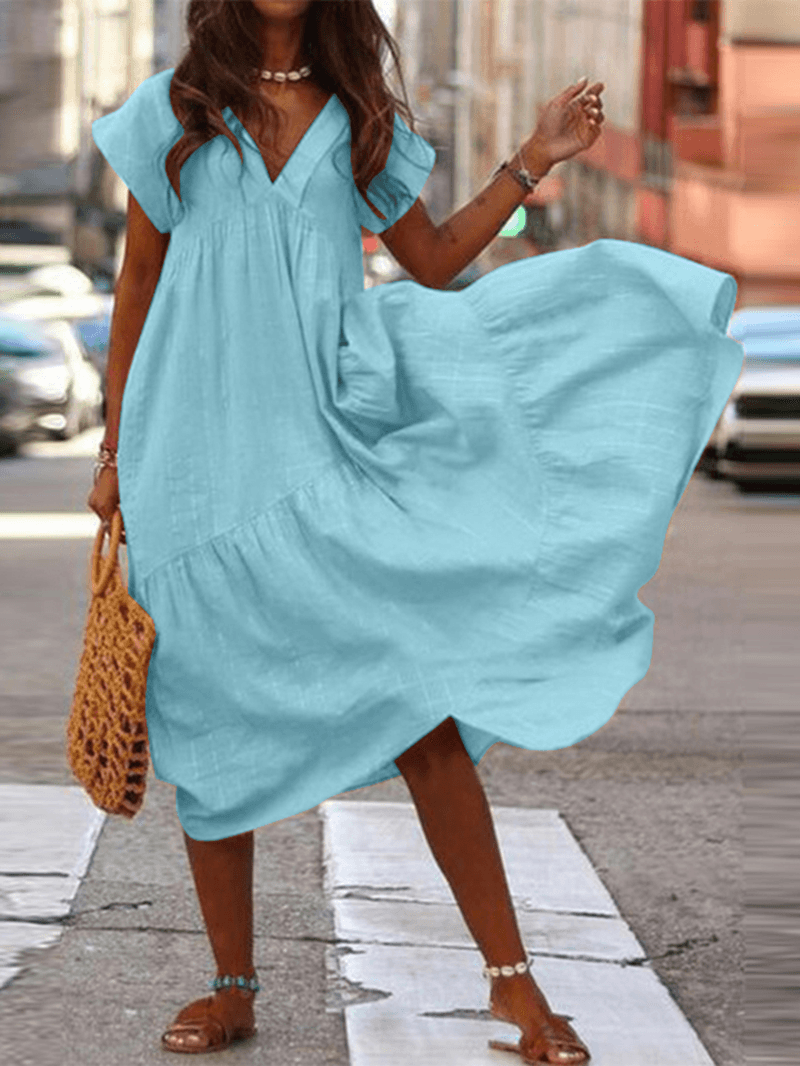 100% Cotton Casual Loose V-Neck Solid Dress for Women - MRSLM