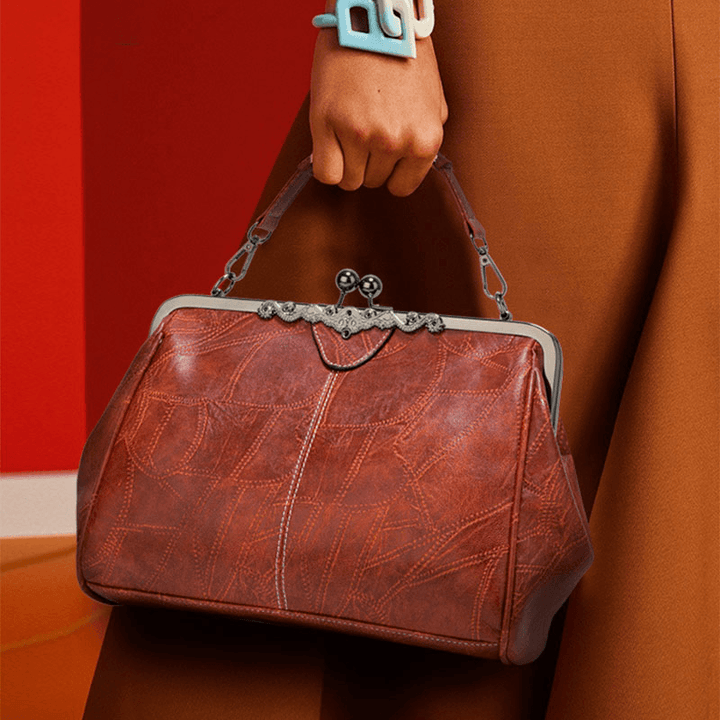 Women PU Leather Large Capacity Vintage Lock Handbag Crossbody Bag Satchel Bag - MRSLM