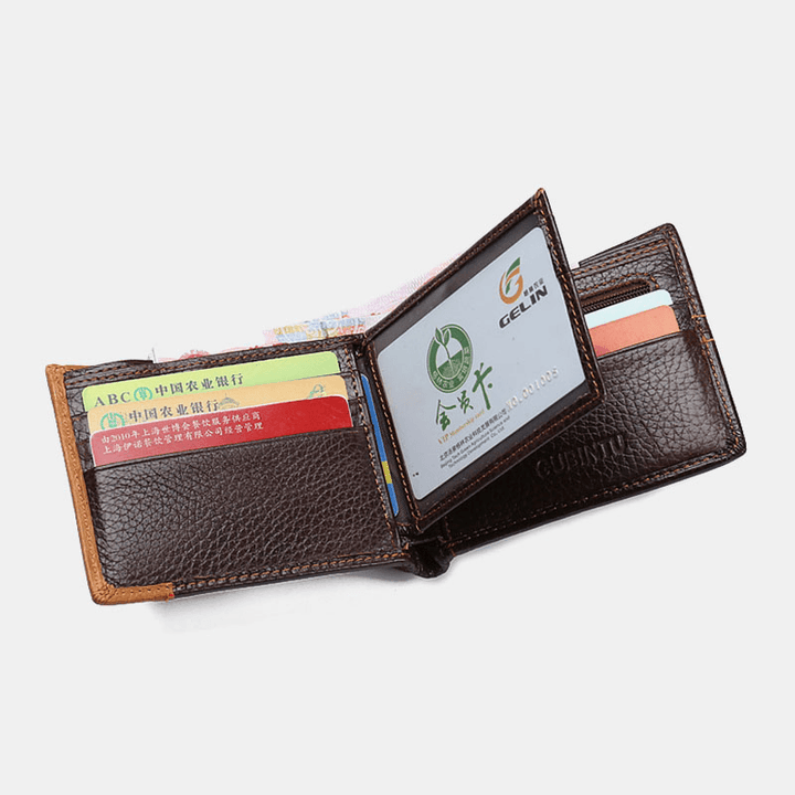 Men Bifold Short Letter Pattern Genuine Leather Wallet Retro 8 Card Slots Splicing Card Case Coin Purse Money Clip - MRSLM