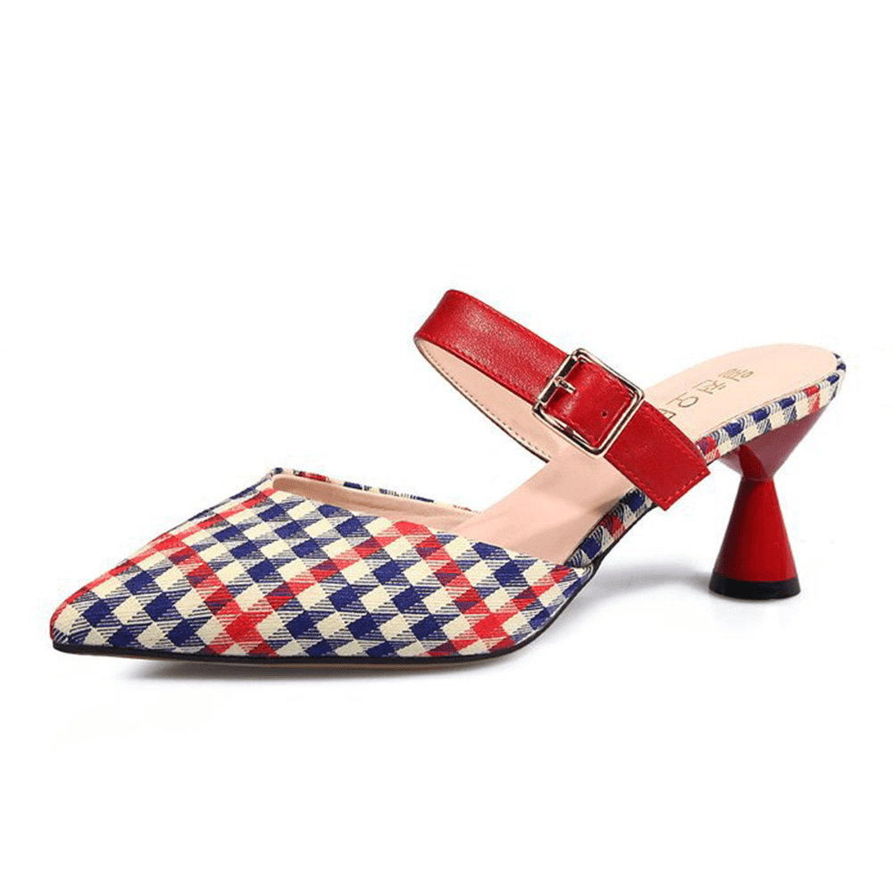 Women Retro Elegant Lattice Pattern Pointed Toe Backless Cone Heel Shoes - MRSLM