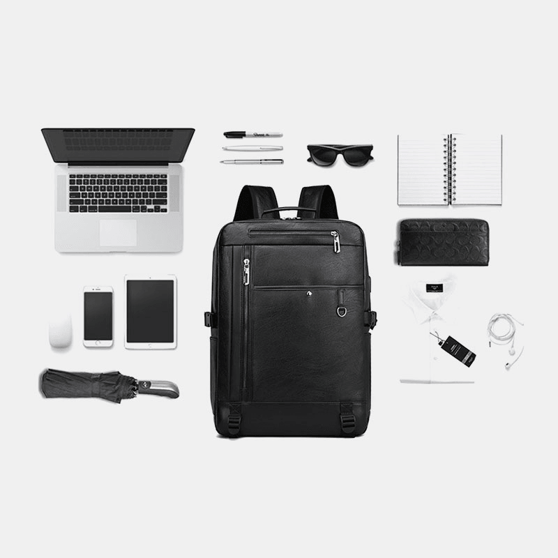 Men USB Charging Multi-Pocket PU Leather Backpack Fashion Casual Large Capacity 15.6 Inch Laptop Bag - MRSLM