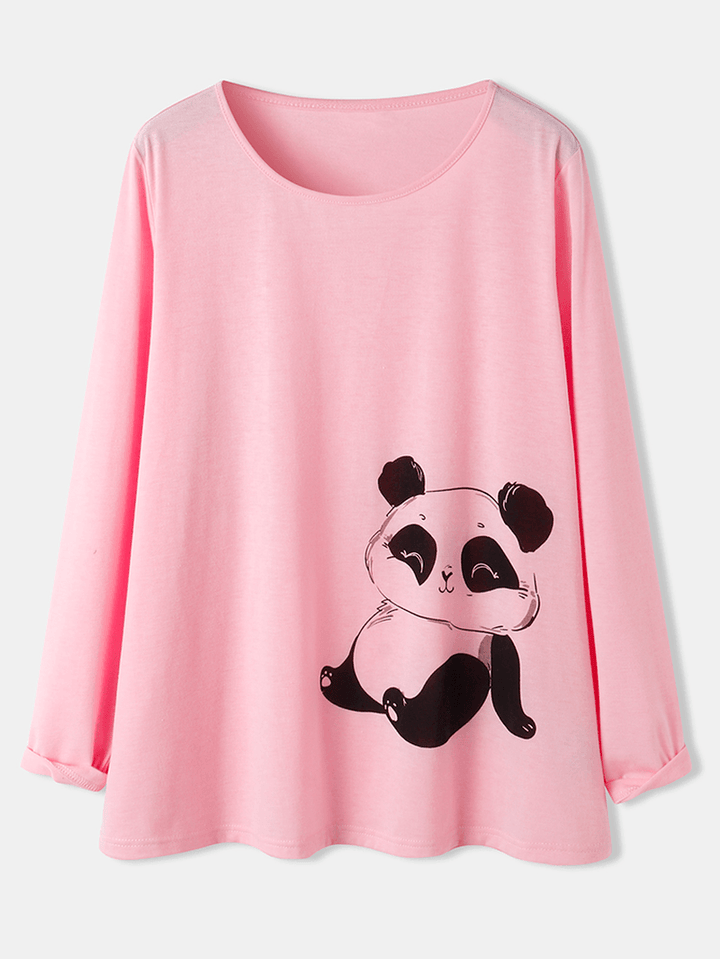 Women Cute Panda Print O-Neck Striped Pants Two-Piece plus Size Lounge Home Pajamas Sets - MRSLM