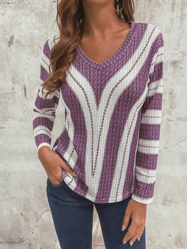 Stripe V-Neck Long Sleeve Casual Knit Sweaters Blouse for Women - MRSLM