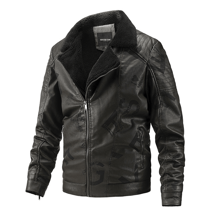 Fall Winter Lapel Men'S plus Velvet Motorcycle Leather Jacket - MRSLM
