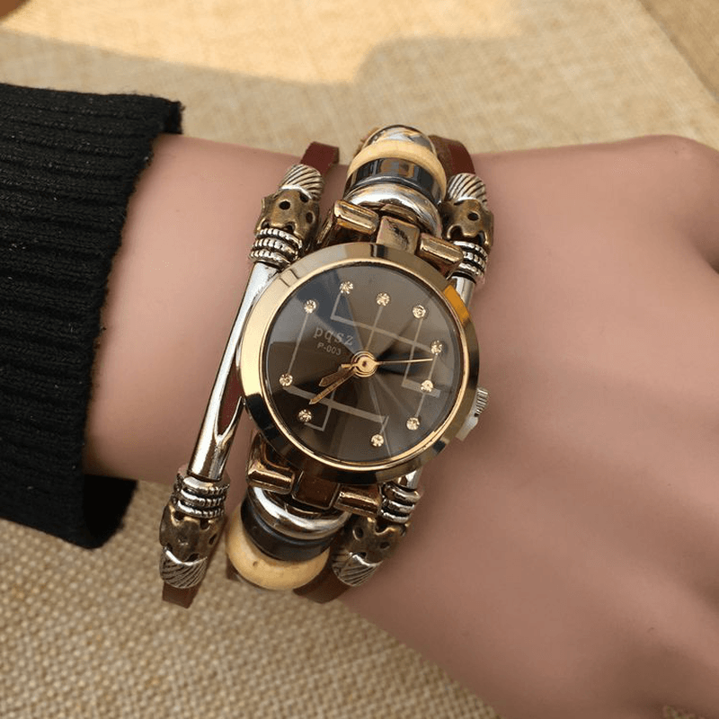 B15 Fashion Rhinestone Stainless Steel Buckle Leather Strap Couple Quartz Watch Bracelet Watch - MRSLM
