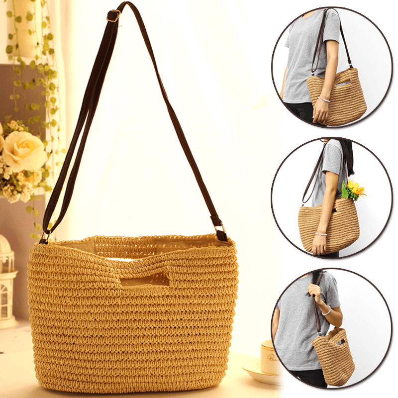 Straw Bag Handmade Shoulder Basket Bag Straw Summer Straw Beach Shopping Tote - MRSLM