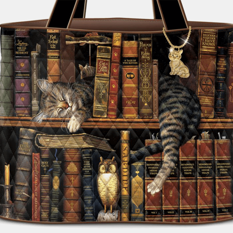 Women Cute Nap Cat Bookshelf Literary Works Pattern Decoration Shoulder Bag Handbag Tote - MRSLM