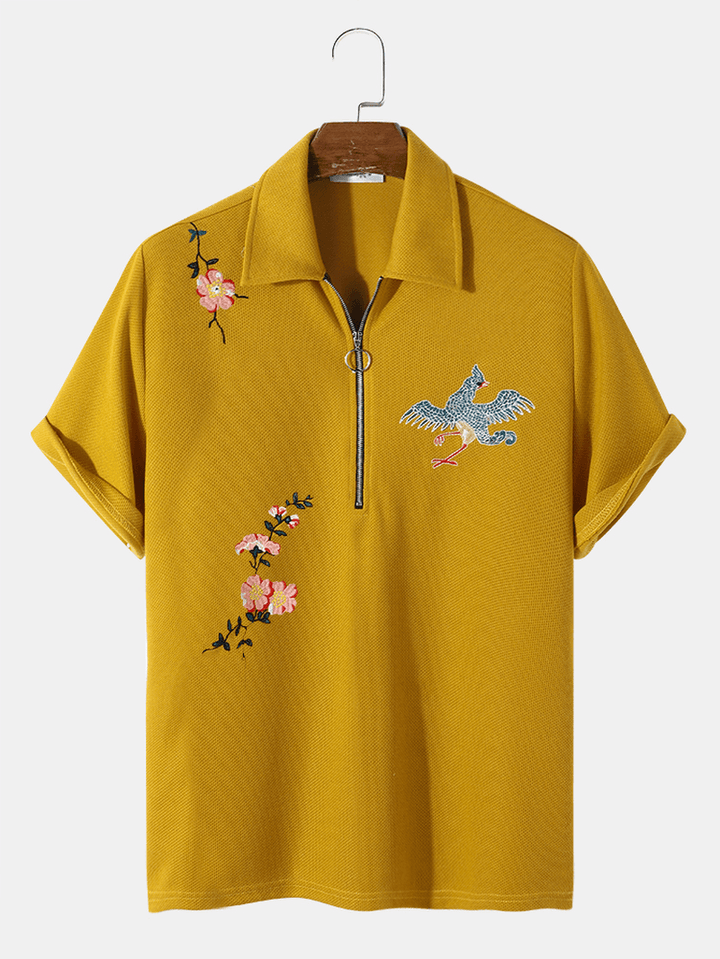 Mens Grain Fleece Flower Bird Embroidery Casual Shirts - MRSLM