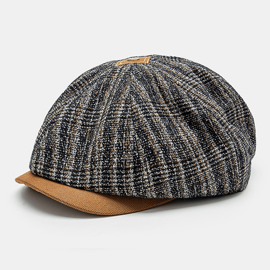 Collrown Men Mixed Color Knitted Lattice Dome Patchwork Octagonal Hat Flat Cap - MRSLM