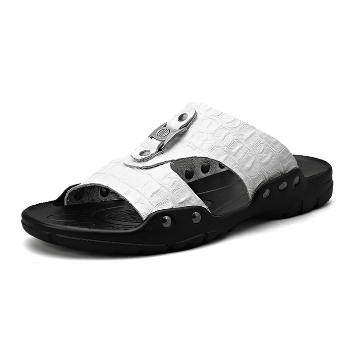 Men Cowhide Leather Breathable Soft Bottom Non Slip Comfy Opened Casual Slippers - MRSLM