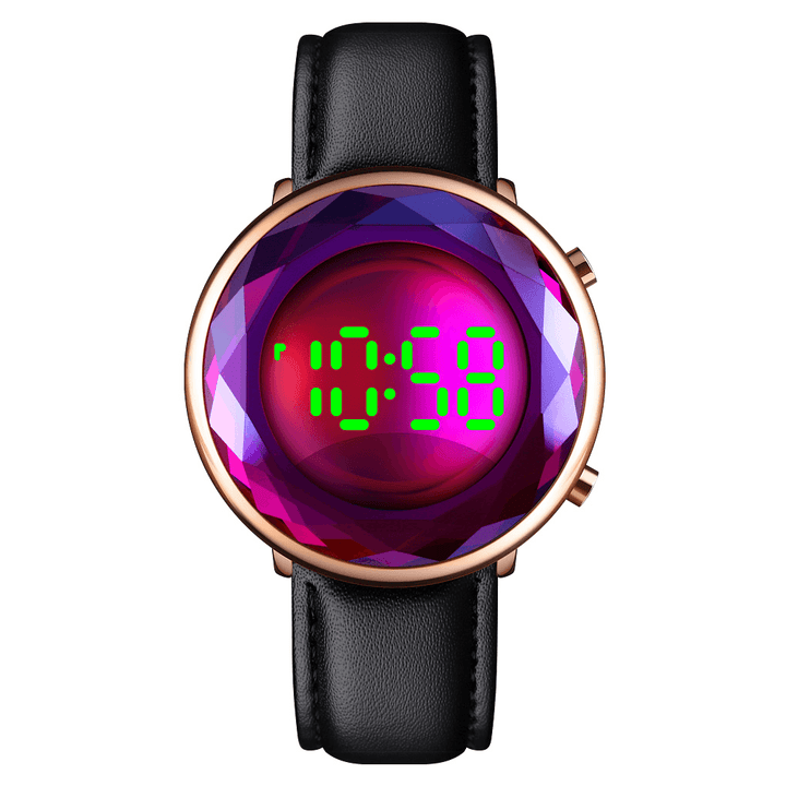 SKMEI 1460 Creative Three-Dimensional Cut Glass Dial Luminous Date Display Genuine Leather Strap Digital Watch - MRSLM