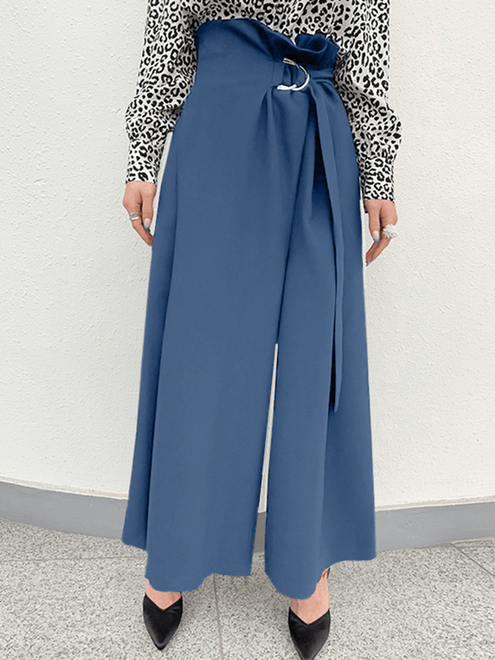 Women Solid Pleats Spliced Wide-Legged Floor Maxi Length Casual Pants - MRSLM