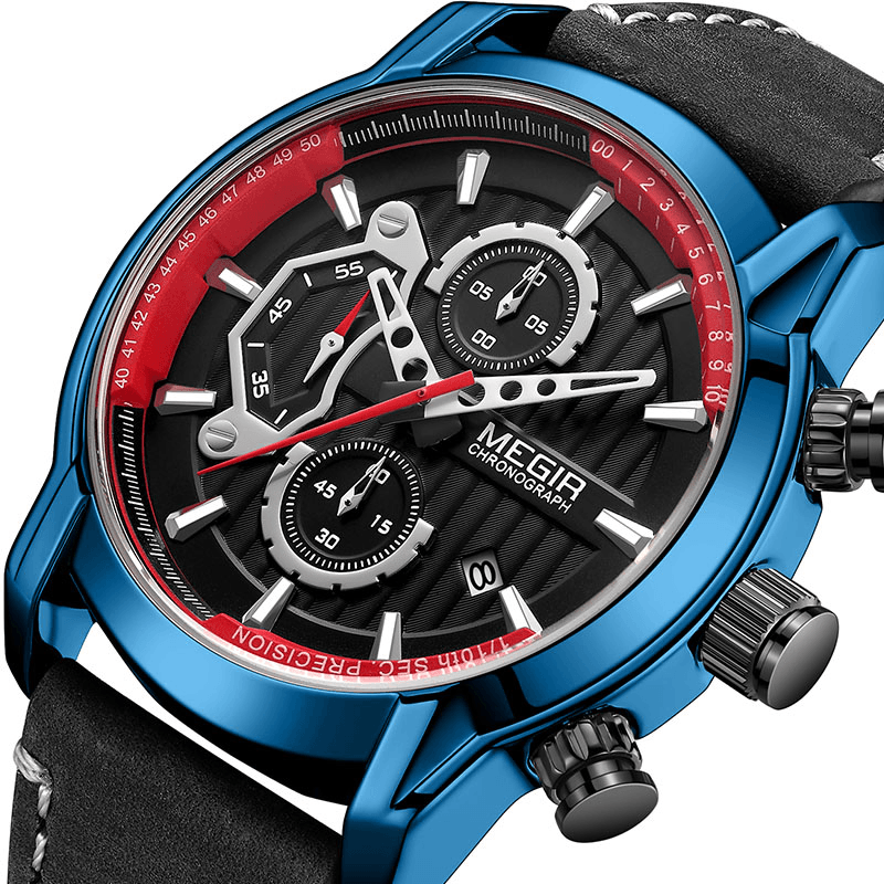 MEGIR 2104 Sport Men Watch Waterproof Luminous Date Display Chronograph Leather Strap Quartz Watch - MRSLM