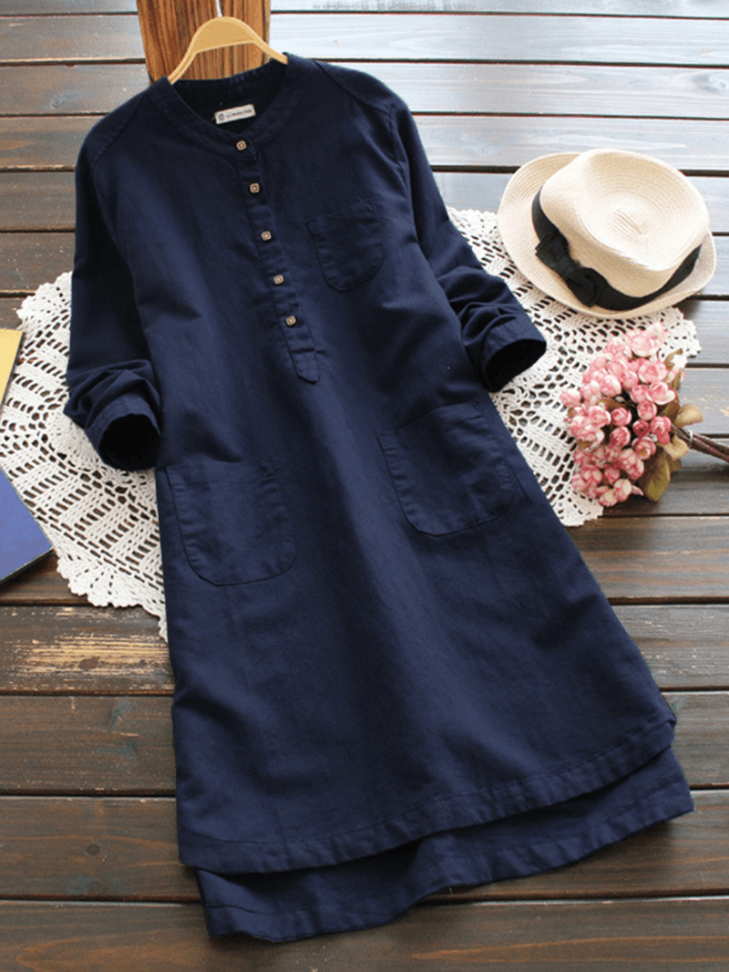 Women Vintage Long Sleeve Buttons Cotton Mini Shirt Dresses - MRSLM
