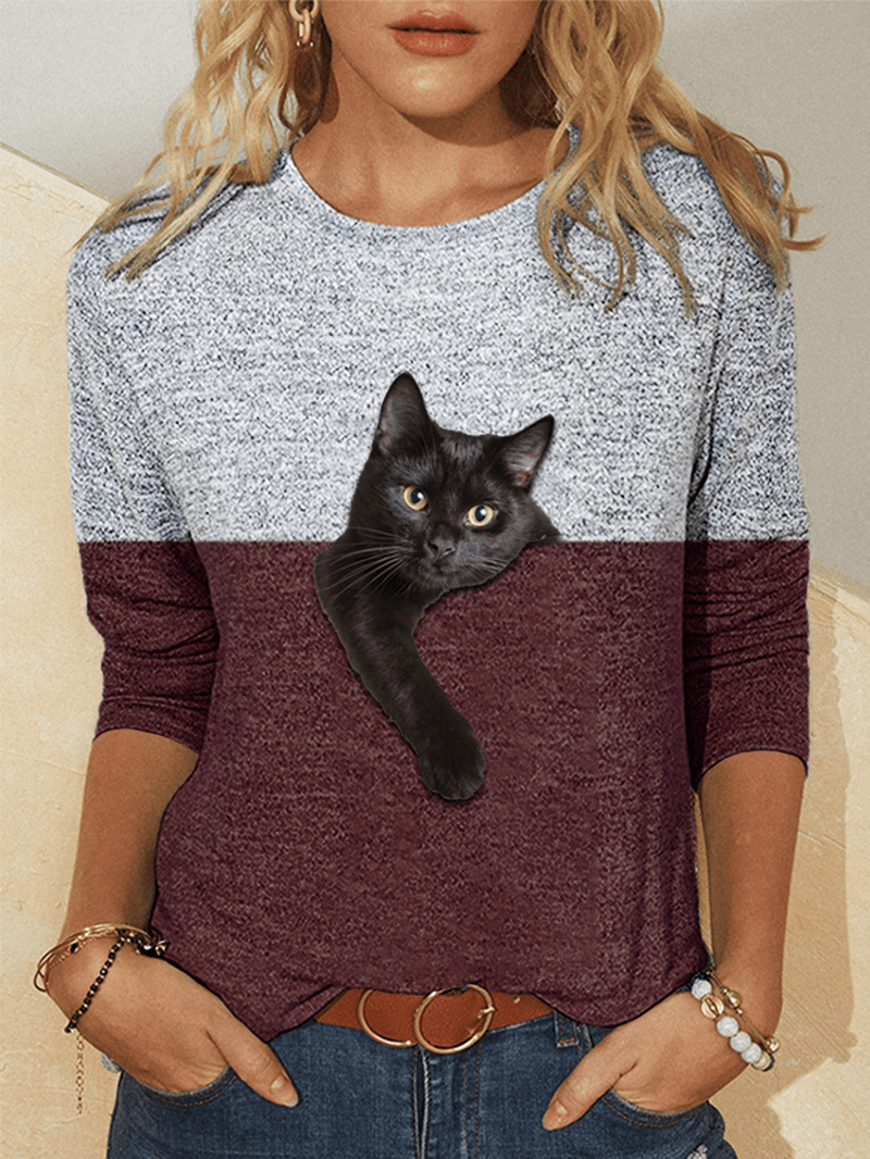 Women Contrast Color 3D Cat Print Long Sleeve O-Neck Casual T-Shirt - MRSLM