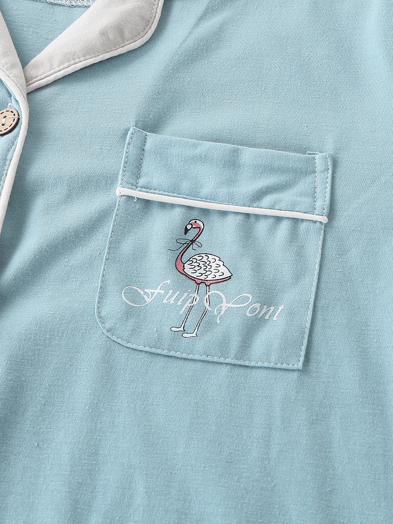 Women Cotton Flamingo Pattern Solid Long Sleeve Button Two-Piece plus Size Home Pajamas Sets - MRSLM