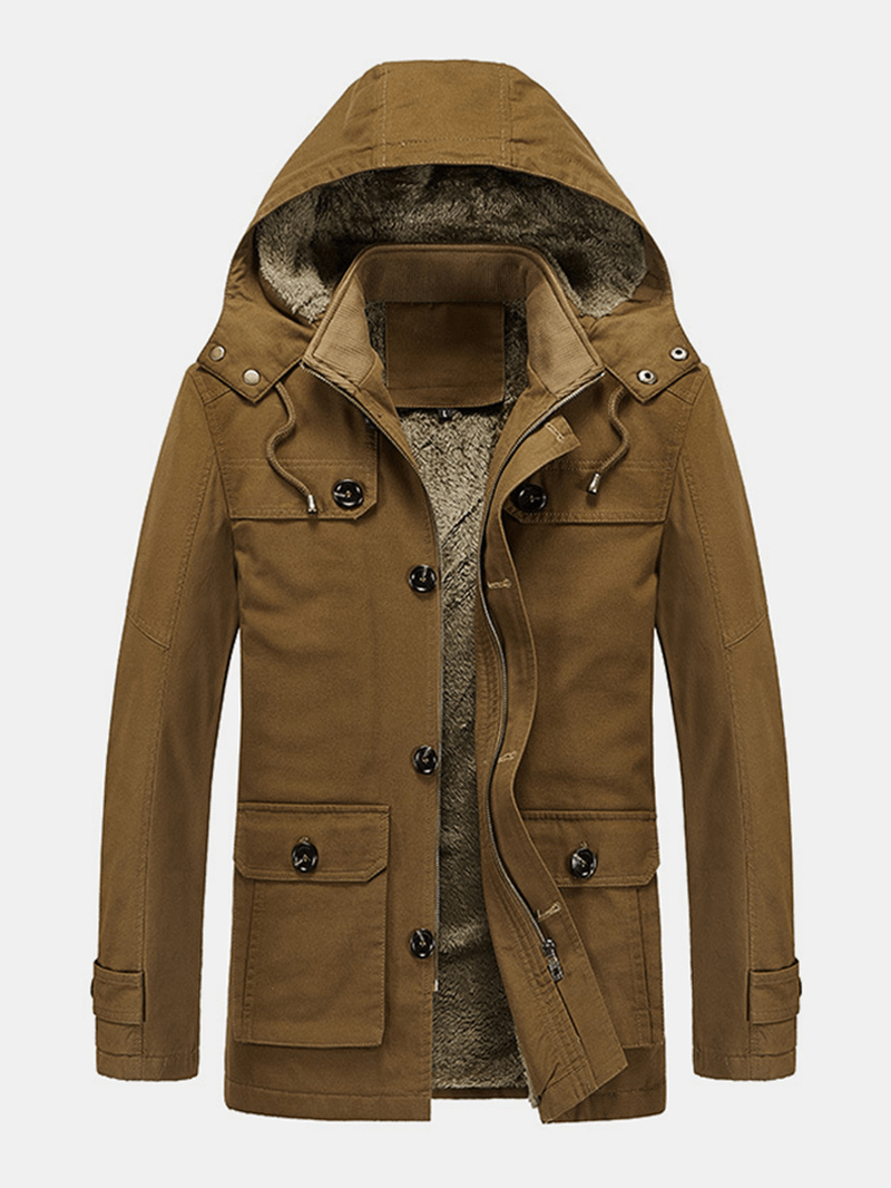 Mens Warm Fleece Lined Thicken Pocket Washed Vintage Hooded Coats - MRSLM