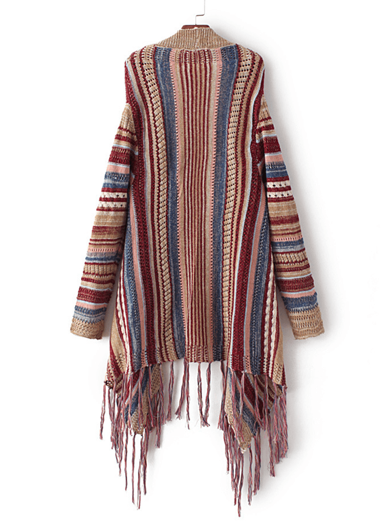 Ethnic Women Colorful Striped Long Sleeve Tassel Sweater Cardigan - MRSLM