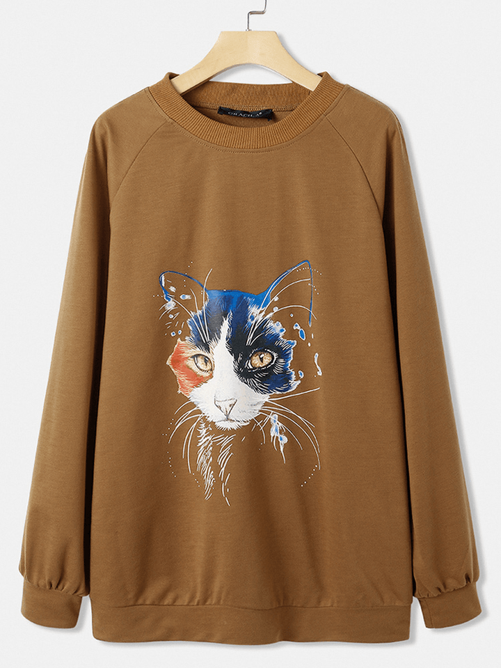 Women Cat Print Solid Color round Neck Casual Loose Pullover Sweatshirt - MRSLM