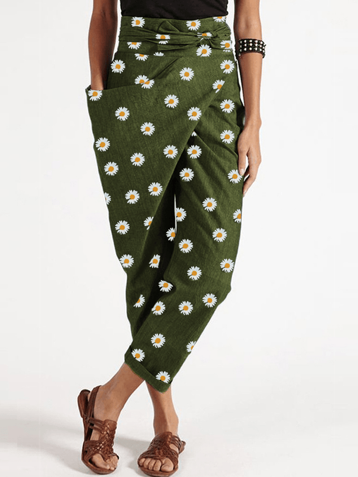 Daisy Floral Print Belted Loose Irregular Zipper Pocket Harem Pants for Women - MRSLM