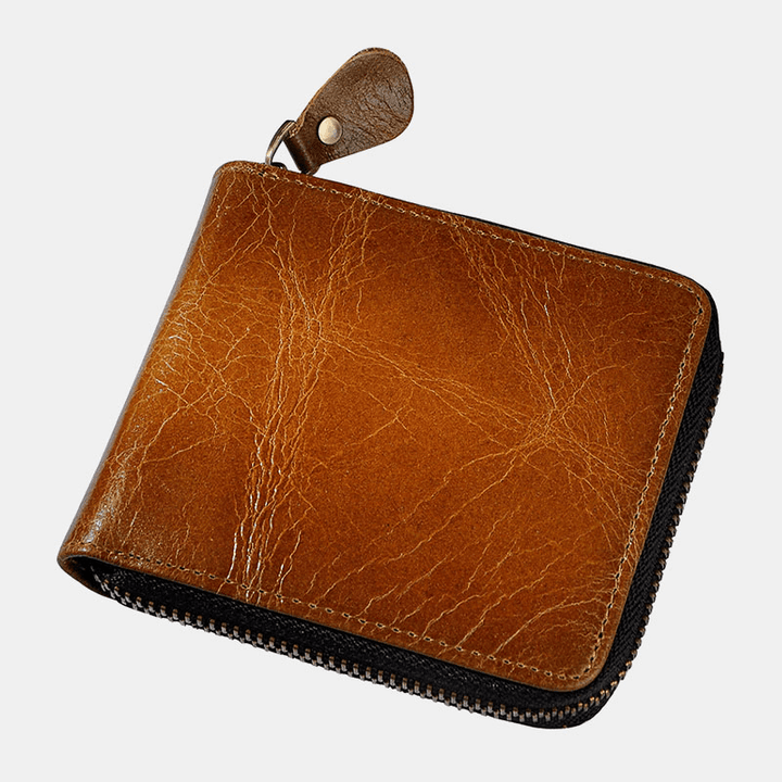 Men Genuine Leather Cowhide Retro Classical Bifold Zipper Card Holder Wallet - MRSLM