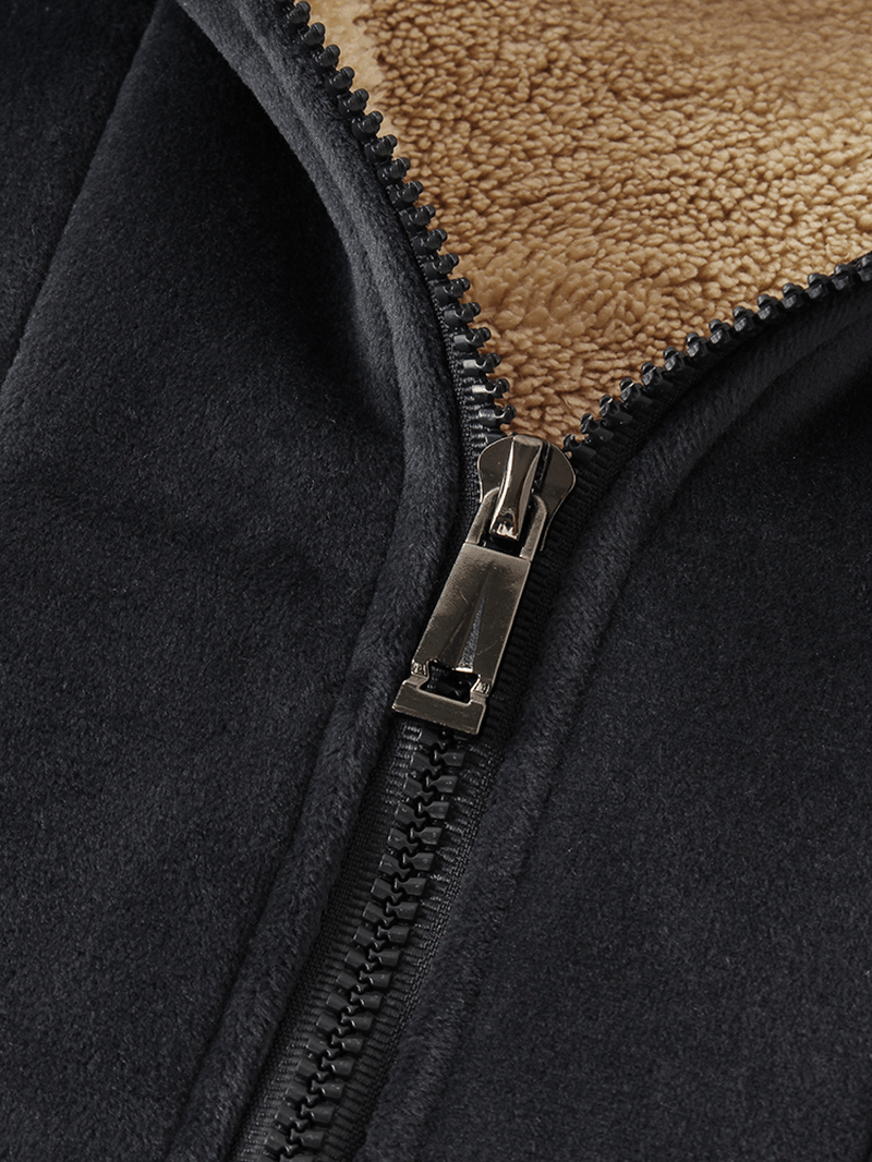 Mens Solid Color Velvet Sherpa Lined Warm Large Pocket Thicken Coats - MRSLM