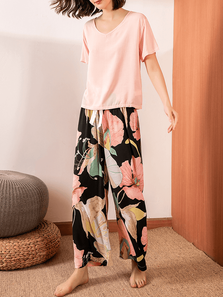 Women Short Sleeve Tops Tropical Floral Print Wide Leg Pants Soft Pajama Set - MRSLM