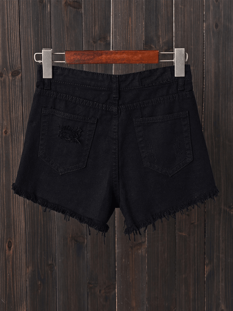 Women Button up Pocket Loose Hollow Ripped Denim Shorts - MRSLM