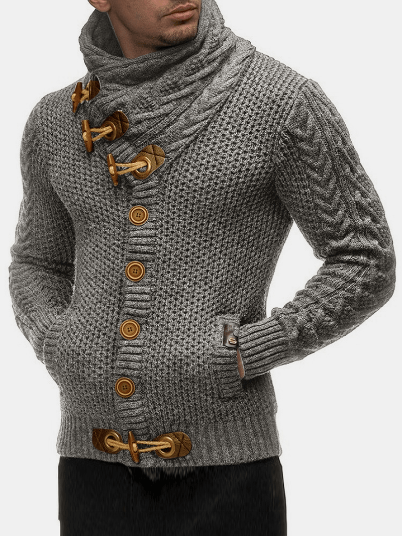 Mens Solid Color Knitted High Neck Single-Breasted Sweater Cardigans - MRSLM