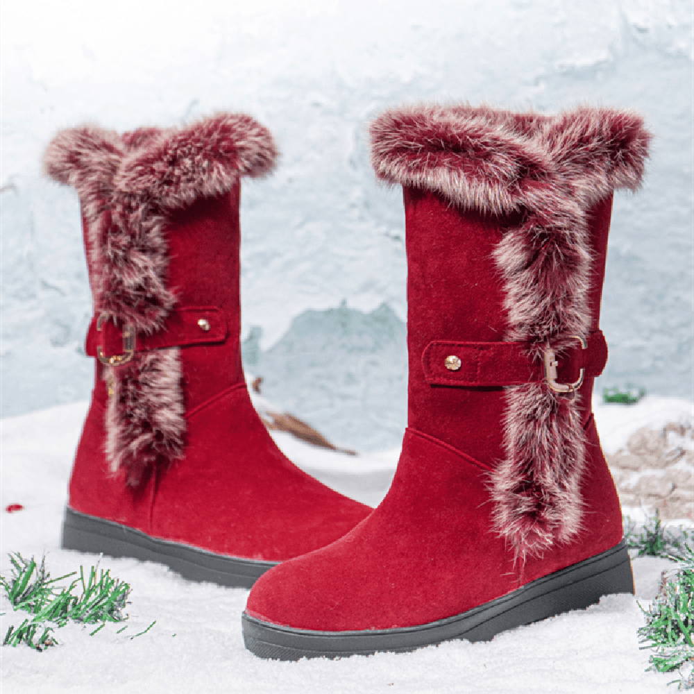 Plus Size Women Winter Plush Lining Buckle Decor Increased Heel Snow Boots - MRSLM