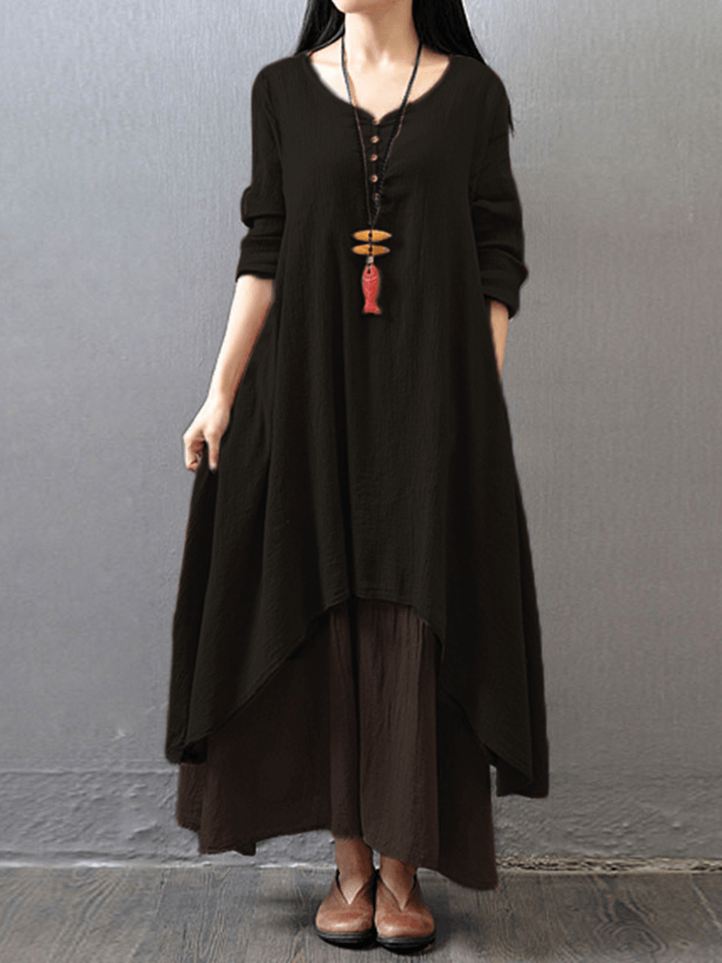 Women Long Sleeve Double Layers Button Asymmetric Vintage Maxi Dress - MRSLM