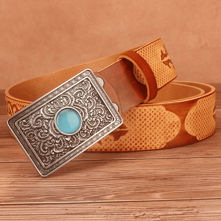 Ethnic Style Carved Leather Belt Head Layer Cowhide Personality Smooth Buckle - MRSLM