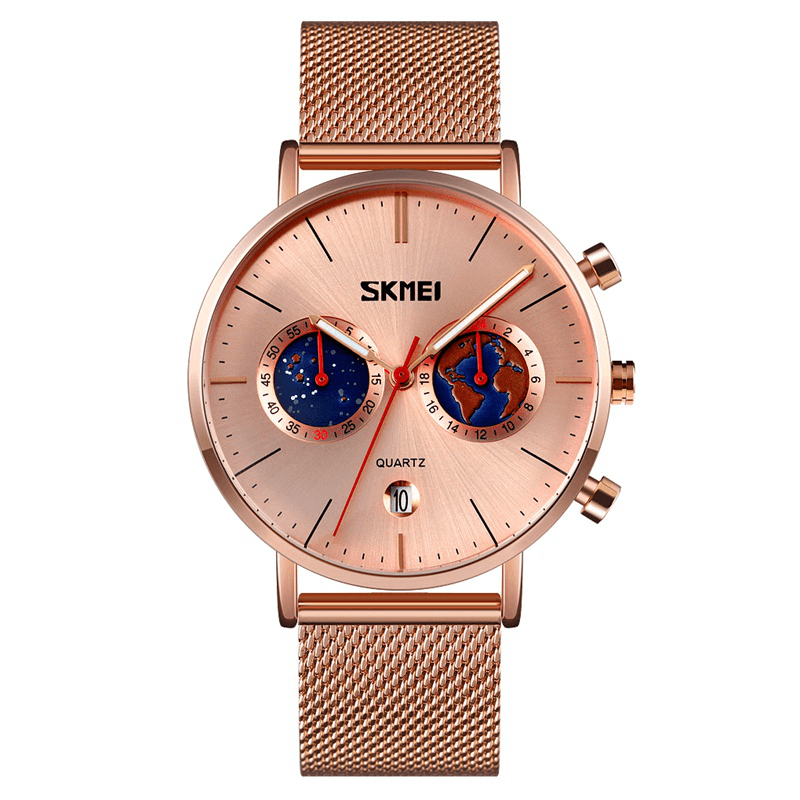 SKMEI 9231 Fashion Men Watch Luminous Date Display Chronograph Creative Small Dial Mesh Belt Quartz Watch - MRSLM