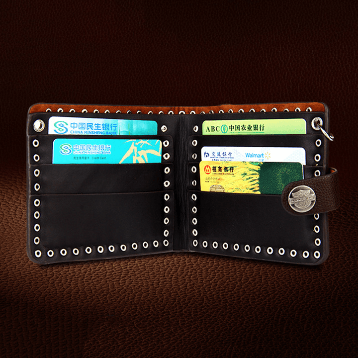 Men Genuine Leather Business RFID Retro Style Geometric Pattern Multi-Pocket Card Holder Wallet with Rivet Chain - MRSLM