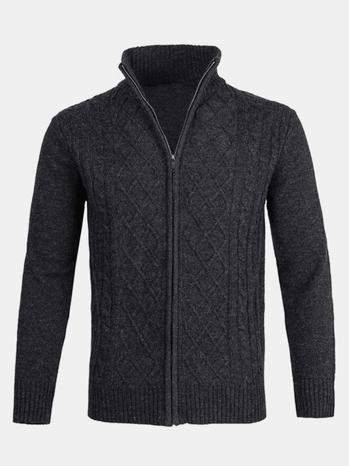 Mens Solid Color Cable Knitting Zipper Long Sleeve Warm Cardigans - MRSLM