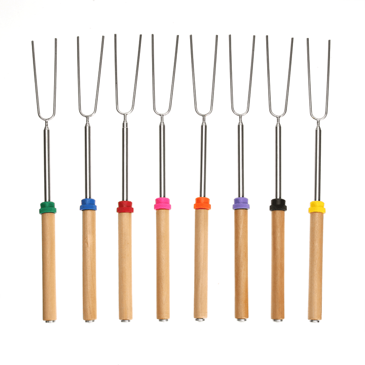 8PCS Roasting Sticks Telescoping 12"-32" Smore Sticks Skewers Set with Wooden Handle for BBQ Hot Dog Fork Fire Pit Camping Cookware - MRSLM