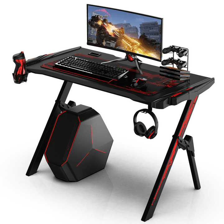 47.2" Gaming Computer Desk Black Gamer Table with Audio Sensor RGB LED Lights Cup Holder Headphone Hook for Home Office - MRSLM