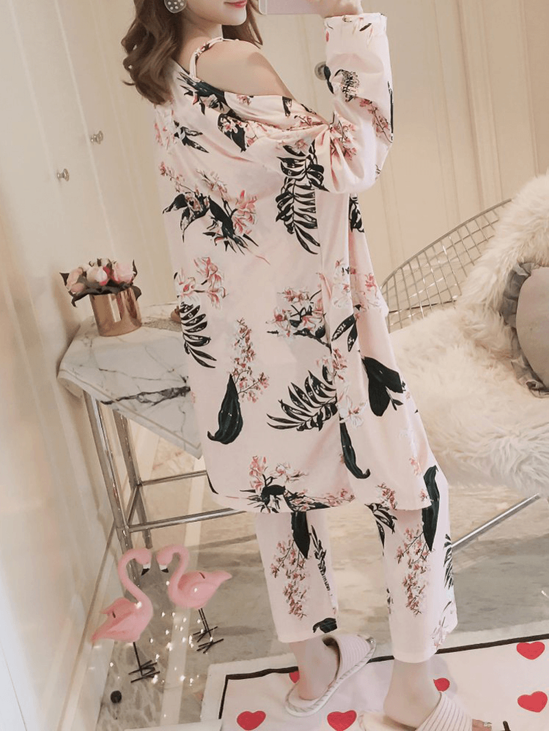 Womens Florral Print Tank Top with Robe Three Piece Home Casual Pajama Set - MRSLM