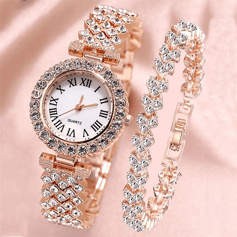 XSVO Watch Set Luxury Elegant Style Women Quartz Watch Diamond-Studded Bracelet for Mothers Girlfriend Ladies - MRSLM