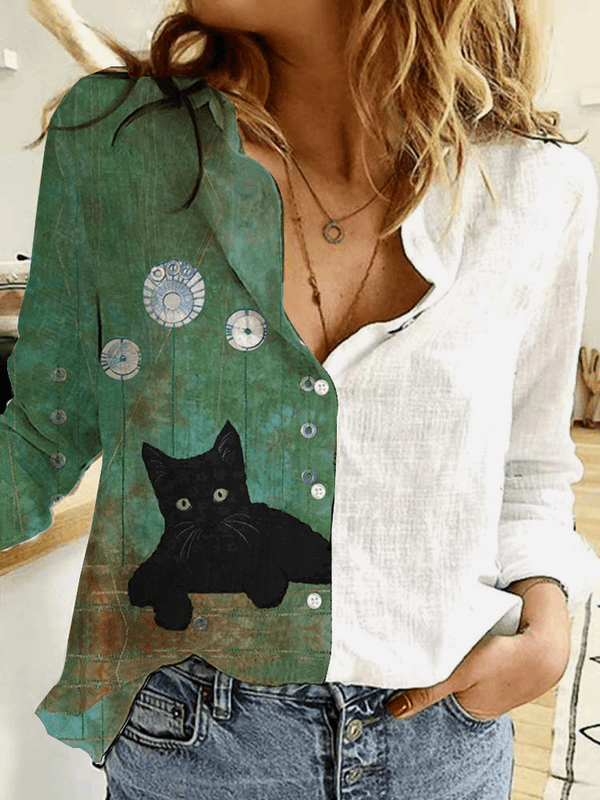 Women Cartoon Cat Print Patchwork Lapel Button Long Sleeve Casual Shirt - MRSLM