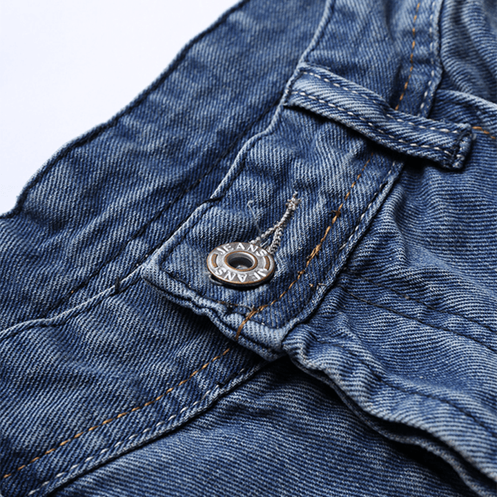 Mens Vintage Holes Light Blue Straight Slim Button Jeans - MRSLM