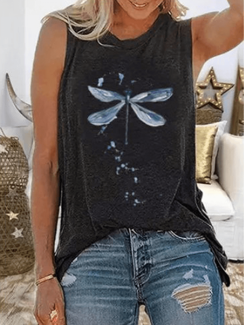 Women Dragonfly Print Sleeveless Casual Tank Tops - MRSLM