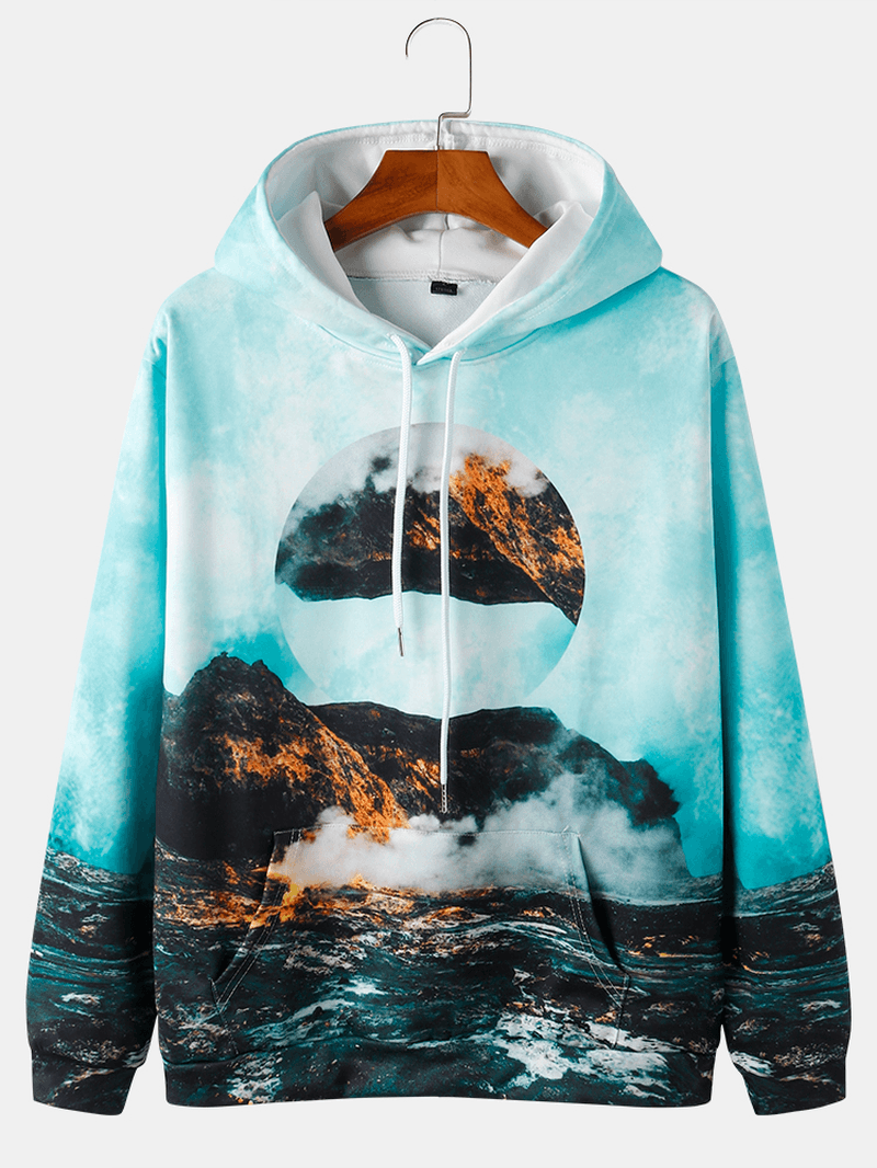Mens All over Mountain Scenery Print Drawstring Pullover Hoodies - MRSLM