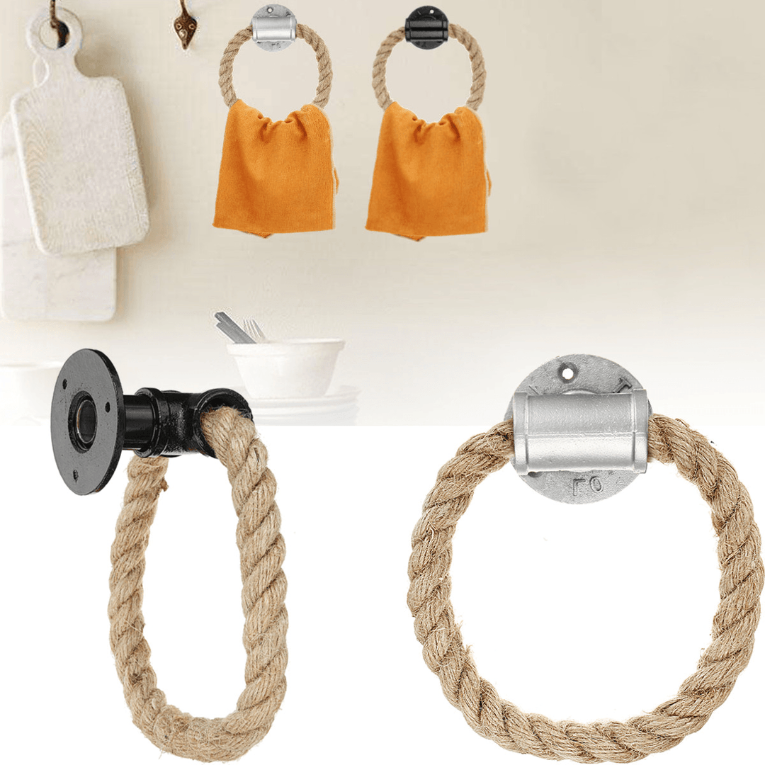 Hemp Rope Towel Hanger Ring Rack Industrial Rustic Bathroom Wall Mounted Holder - MRSLM